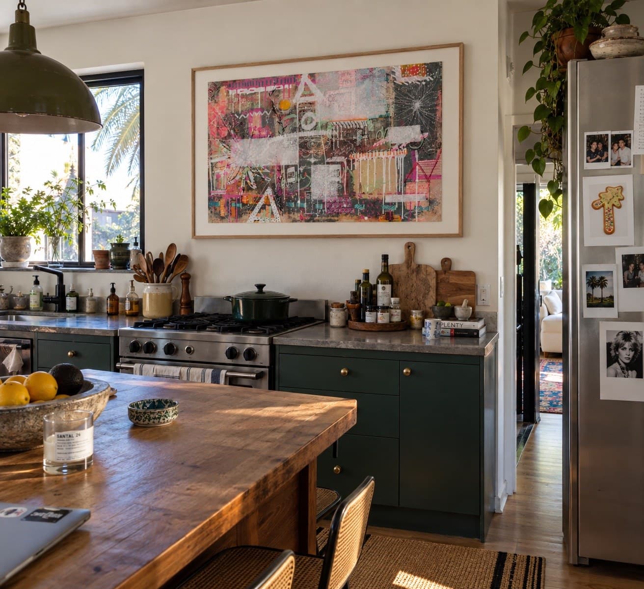 Sandra Molin artwork above a kitchen counter