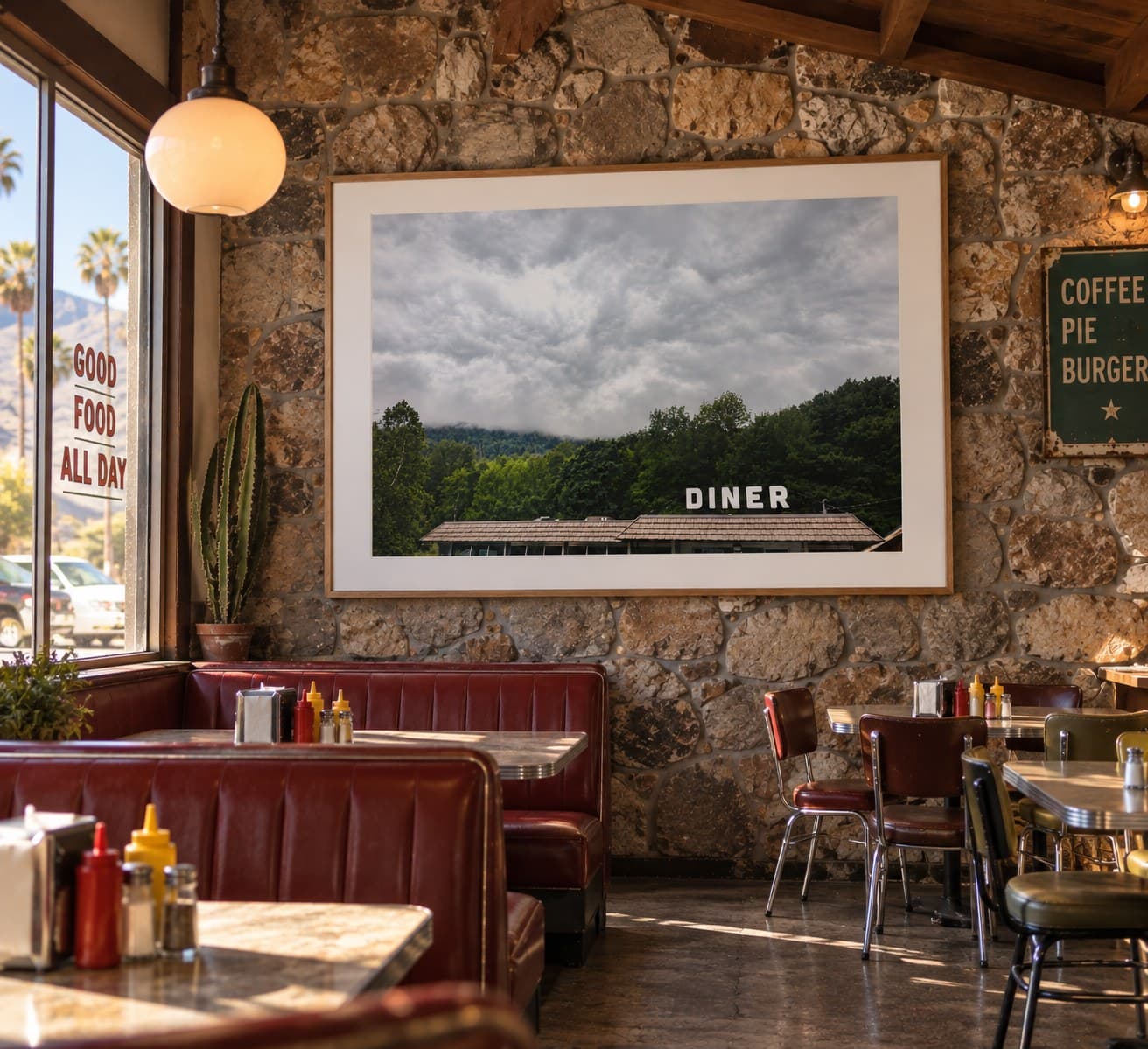 The Diner, framed and hung in a diner